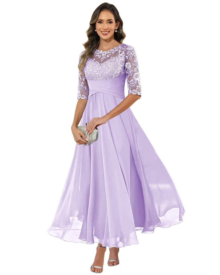 Stylish women's party dress, an A-line evening gown with 3/4 sleeves for elegant events.