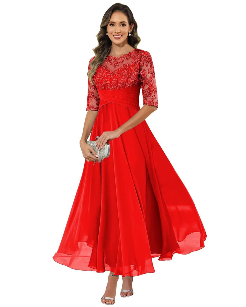 Versatile women's A-line formal dress with 3/4 sleeves, suitable for cocktail or evening wear.