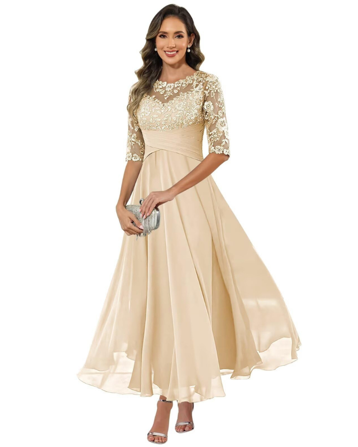 Front view: Women's elegant A-line evening dress with sophisticated 3/4 sleeves, perfect for formal events.