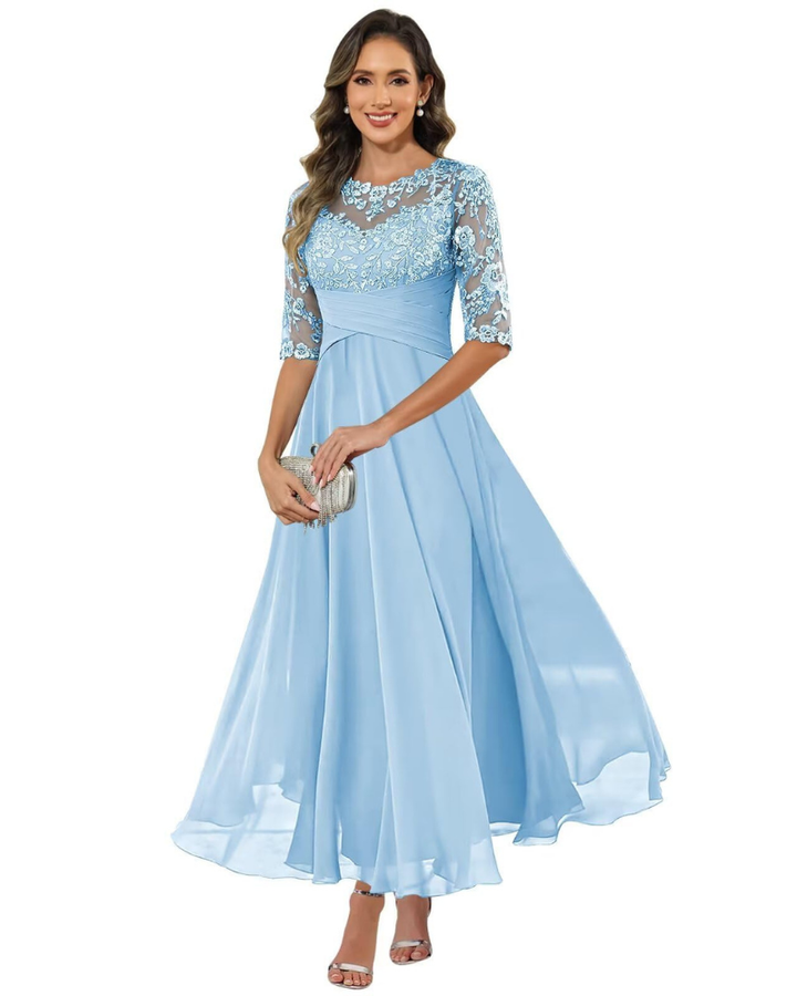 Back view: Elegant women's A-line formal dress, perfect for a wedding guest or special occasion.