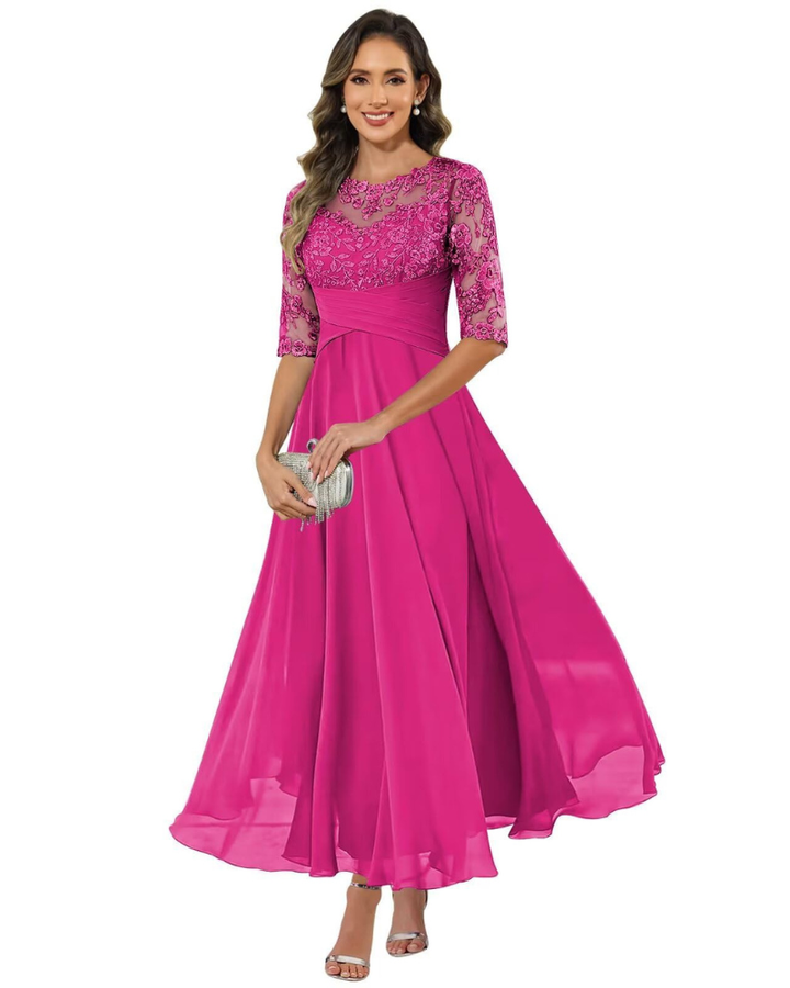 Flowing women's A-line evening gown, elegant fabric with 3/4 sleeves for special events.