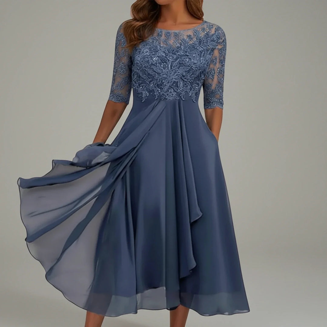 Elegant A-line midi dress for women, perfect for special occasions, parties, or as a stylish wedding guest outfit.