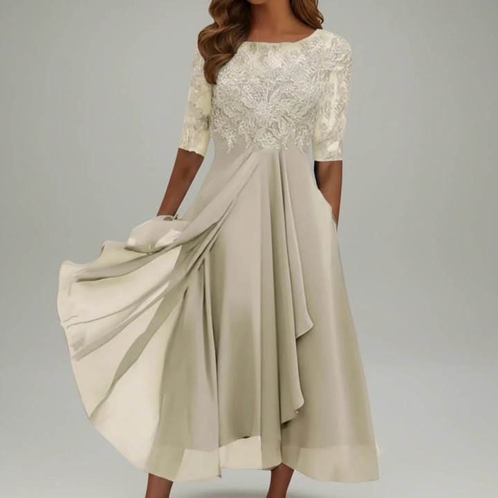Stylish women's A-line midi dress, a fashionable choice for elegant parties, versatile special occasions, or weddings.