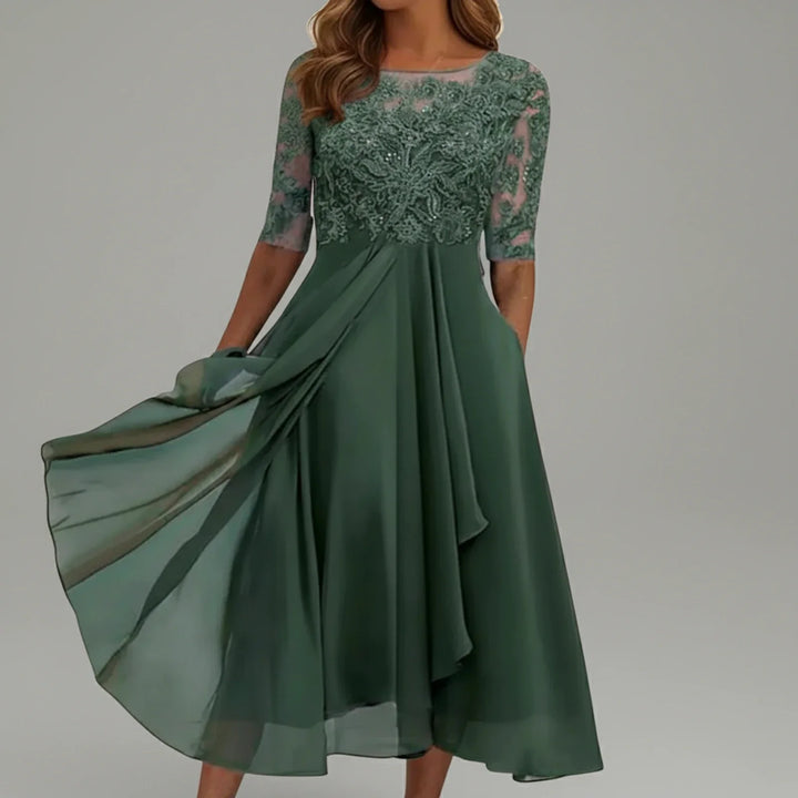 Fashionable women's midi A-line dress with 3/4 sleeves, elegant for party, wedding guest, or any special occasion.
