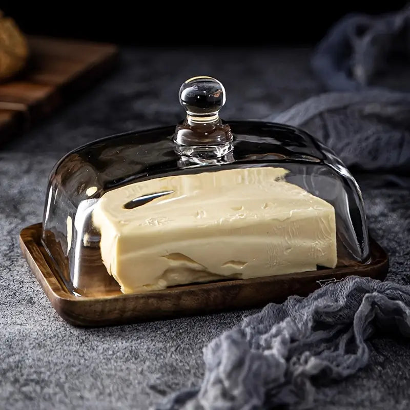 Stylish wood & glass butter dish, an elegant kitchen decor piece for food storage on your countertop.