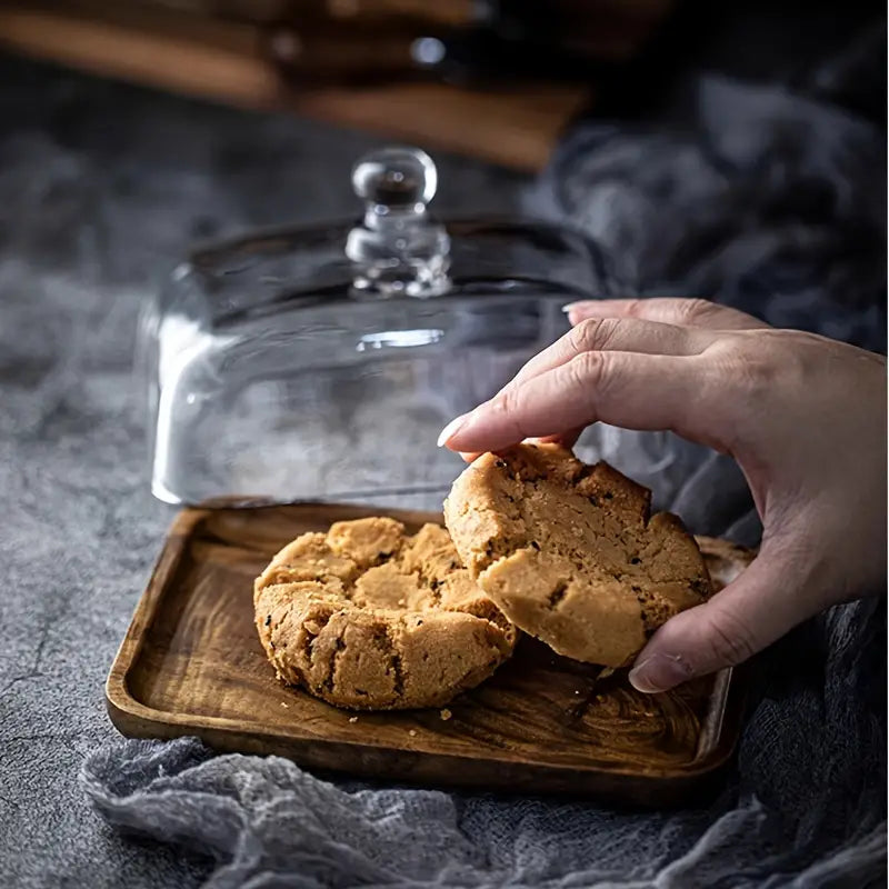 Chic acacia wood butter dish with dome glass lid, elegant food storage & dining serveware.