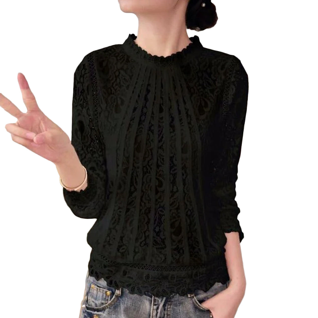 Elegant Amira women's long sleeve lace blouse with delicate floral design and stand-up collar. Perfect for autumn fashion.