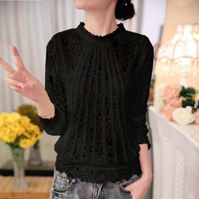 Amira women's long sleeve lace blouse with delicate floral patterns and a stylish stand-up collar for elegant wear.