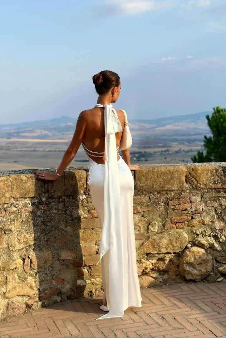 Stunning long backless halter maxi dress. Elegant women's evening gown for parties & formal events.