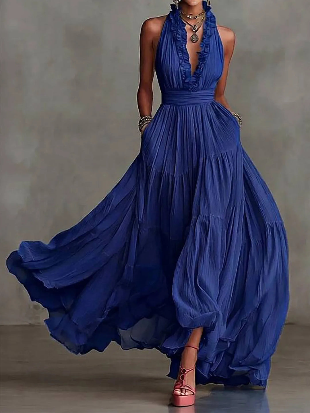 Formal women's evening dress, backless design, delicate ruffle trim, long length, perfect party wear.