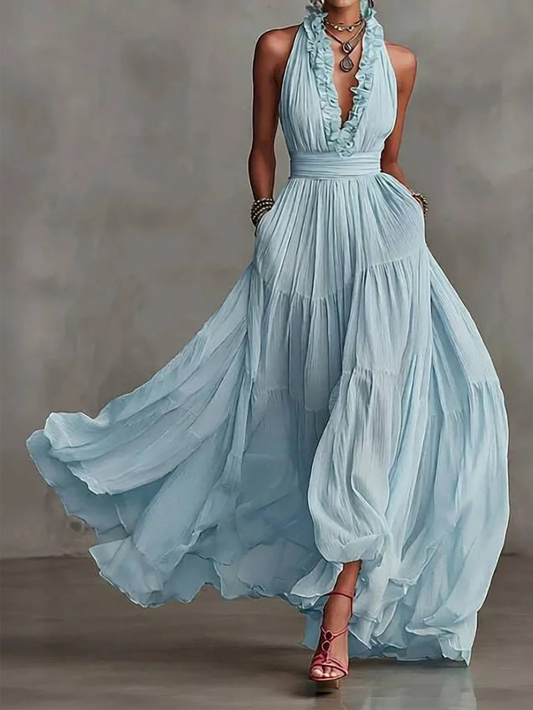 Chic women's backless maxi dress, ruffle details & pleated skirt, great for wedding guests or vacation.