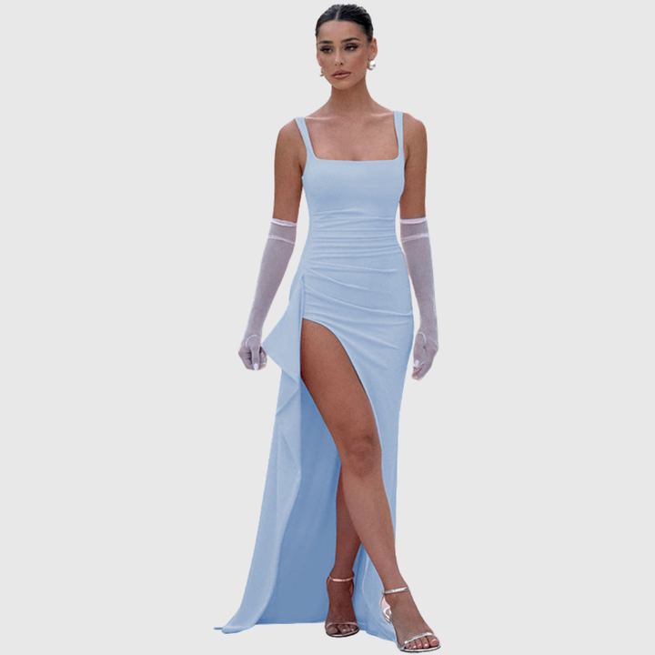 Sleek bodycon maxi formal gown, elegant evening wear with ruched detail & thigh split design.