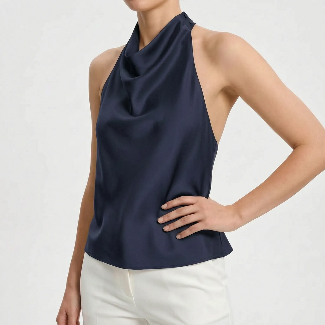 Women's stunning purple draped halter top, excellent for elegant evening fashion and summer.