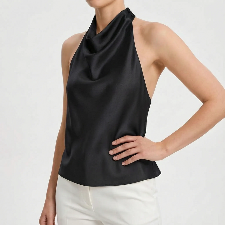Stylish black backless halter top, a must-have for elegant evening wear and summer chic.