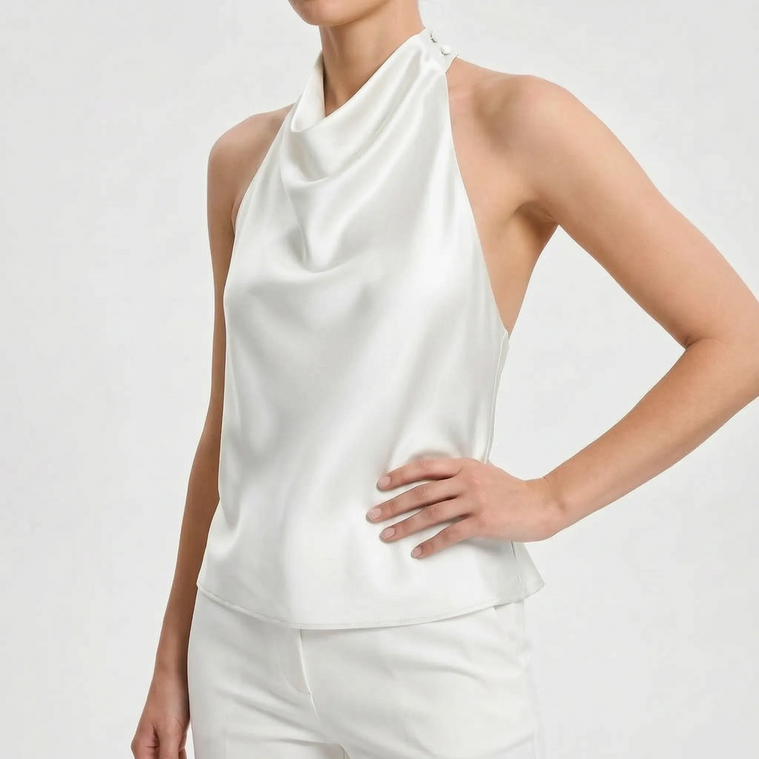 Solid red draped halter top for women, a chic choice for evening wear & special events.