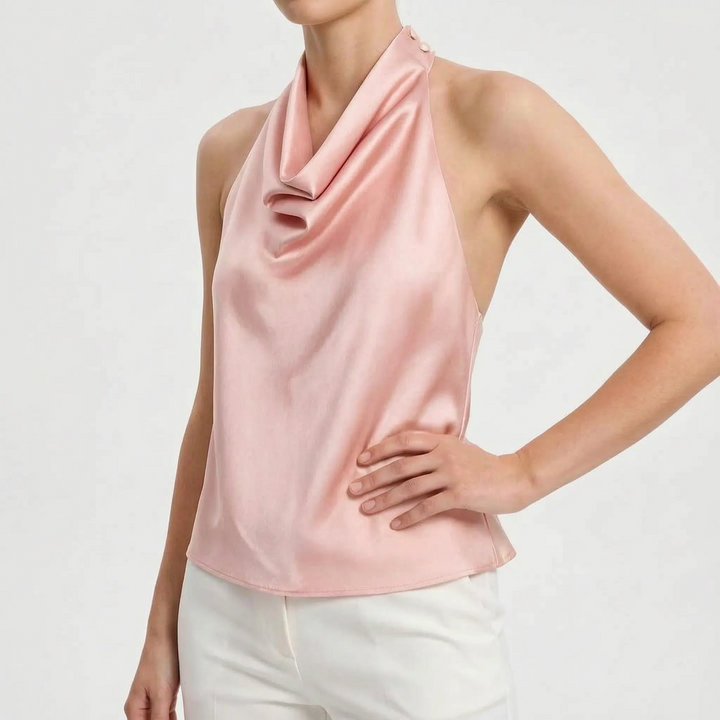 Sleek black sleeveless halter top, elegant and perfect for a night out or summer party.