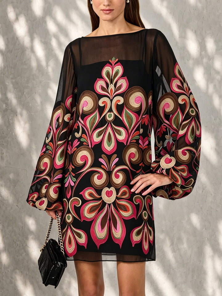Elegant black floral mini dress for women with sheer balloon sleeves, perfect for cocktail parties & evening wear.