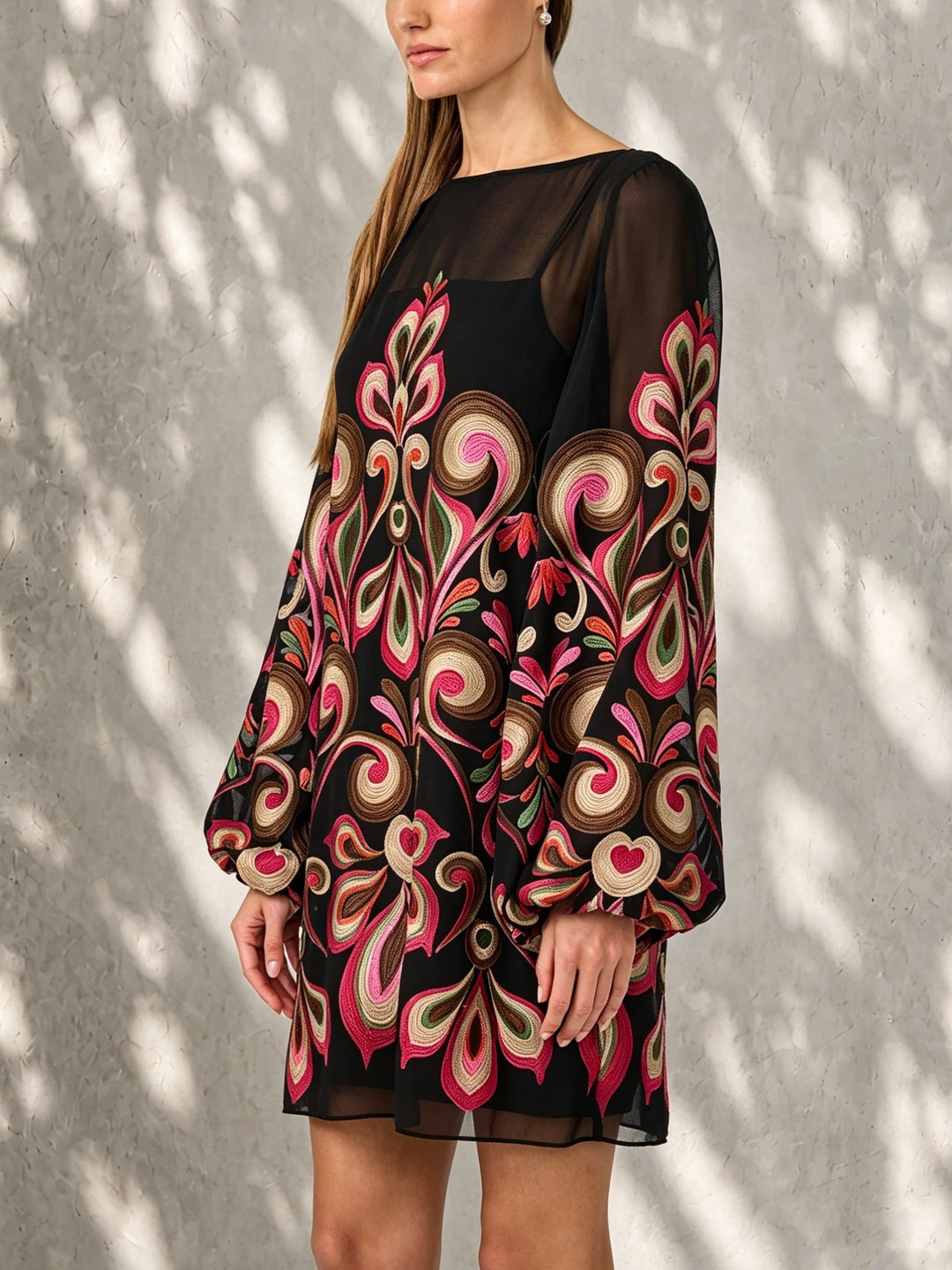 Women's black floral mini shift dress with boat neck & sheer balloon sleeves; ideal for party & occasion wear.
