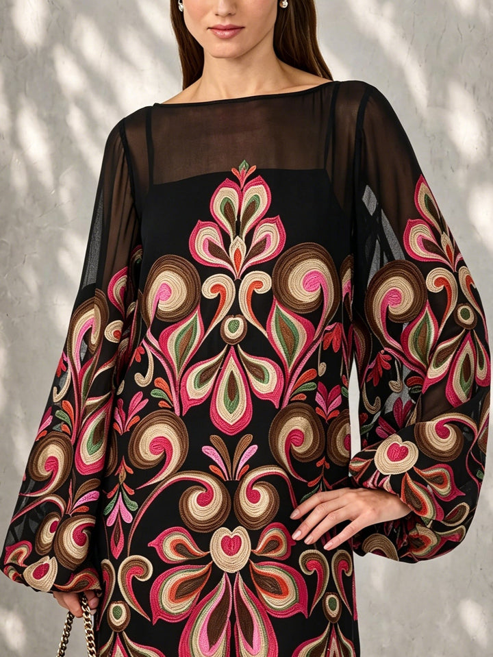 Chic women's black floral mini dress, great for evening & party. Features elegant sheer balloon sleeves.