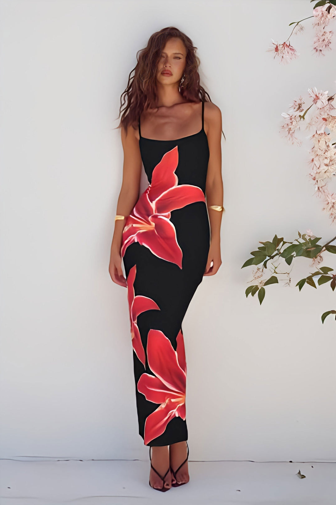 Elegant black floral print women's maxi dress. Perfect long summer dress for vacation or evening wear.