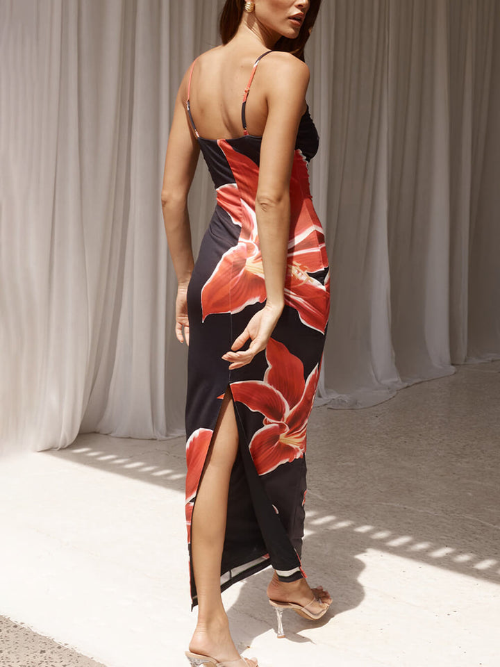 Women's black floral print maxi dress with long sleeves. Versatile casual day or vacation dress.