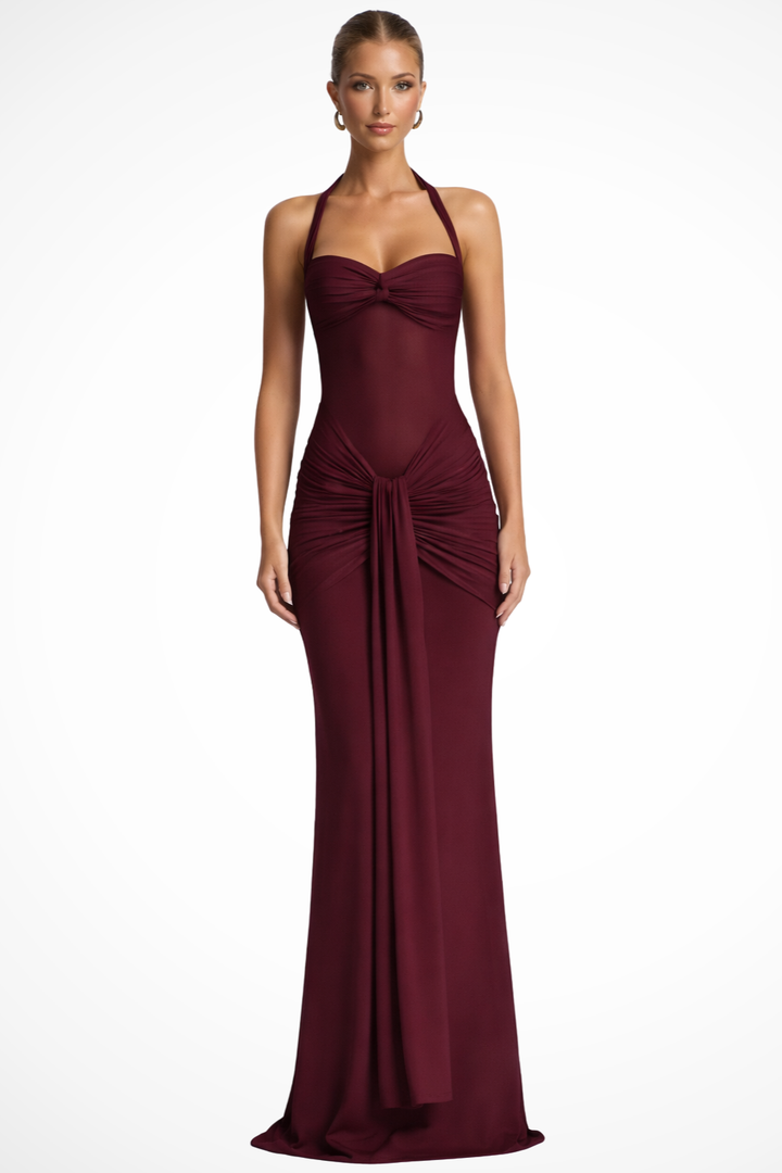 Elegant black halter neck bodycon maxi dress for women, perfect evening gown with a flattering silhouette.