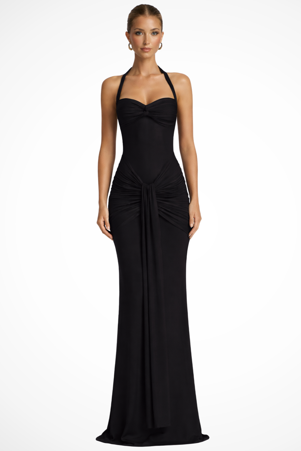 Stylish women's bodycon maxi dress with knot front halter neck, an elegant choice for evening occasions.