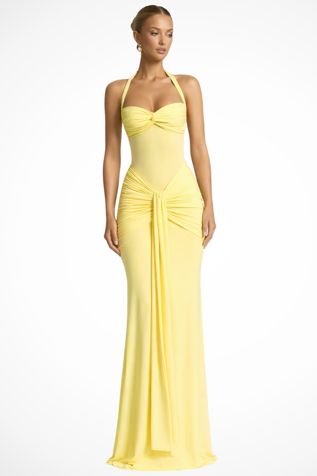 Glamorous ruched halter neck bodycon maxi dress, an elegant women's evening gown perfect for occasions.