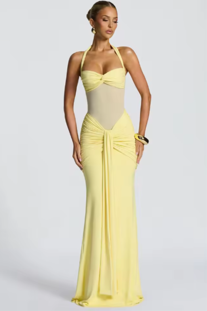 Women's elegant black halter neck bodycon maxi dress, a sophisticated evening gown for formal events.