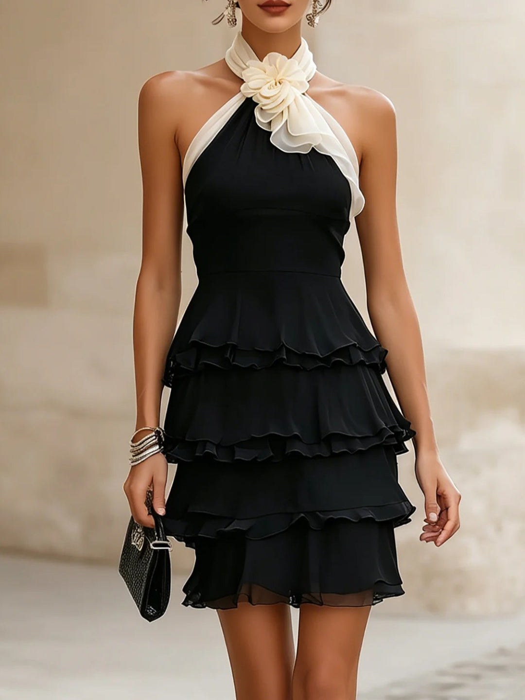 Elegant black halter neck mini dress for women, featuring a delicate rosette detail & tiered ruffles. Perfect for parties.