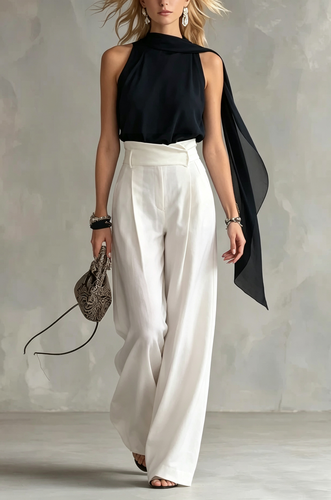 Elegant black halter top for women, featuring a draped cowl neck and chic cape style, perfect for evening wear.