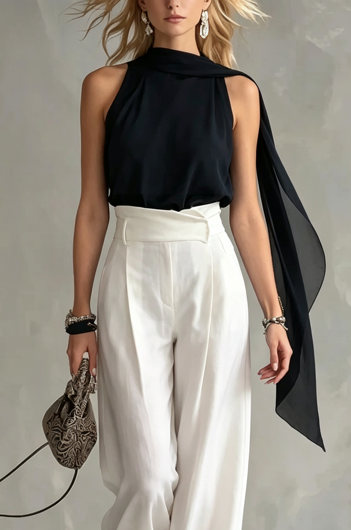 Sophisticated women's black halter top with dramatic cowl neck and cape style, ideal for cocktail parties.