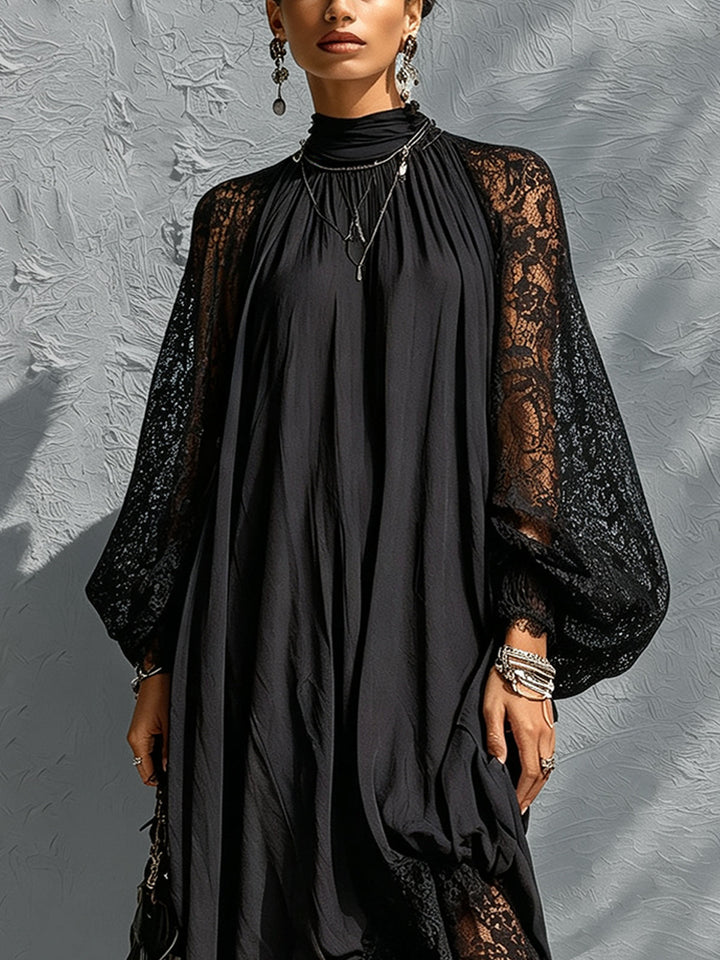 Stunning high-neck black evening gown featuring intricate lace sleeves, an elegant choice for women's cocktail parties.