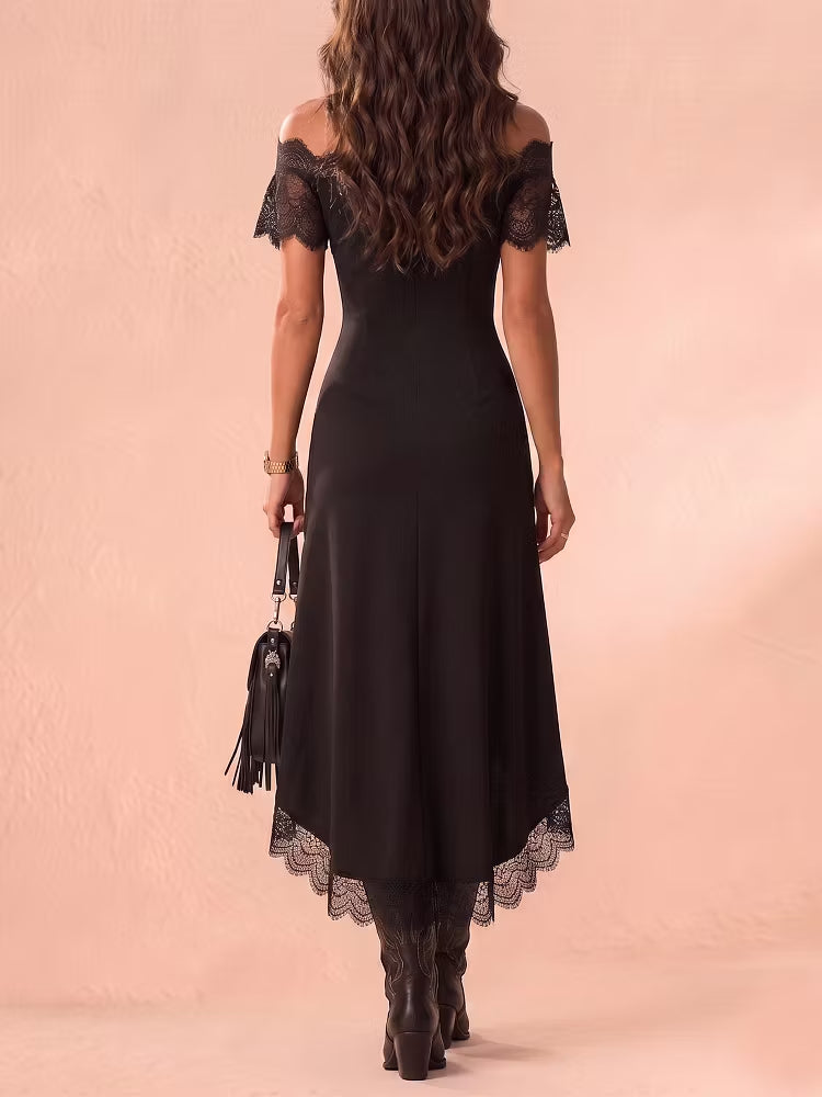 Vintage style black party dress featuring intricate gold embroidery, delicate lace panel, and chic asymmetrical hem.