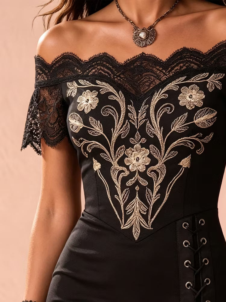 Sophisticated women's black dress, exquisite gold floral embroidery, and a unique asymmetrical hemline.