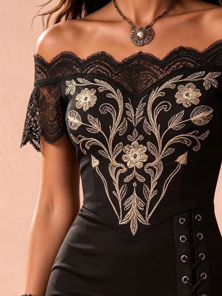 Sophisticated women's black dress, exquisite gold floral embroidery, and a unique asymmetrical hemline.