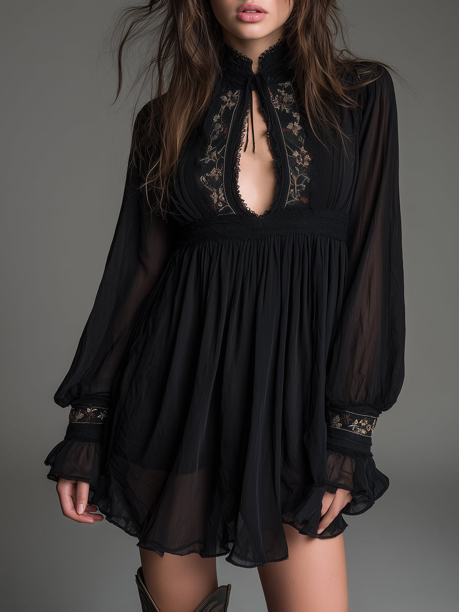 Elegant black mini dress for women featuring a stylish keyhole neckline and dramatic sheer balloon sleeves, perfect for parties.