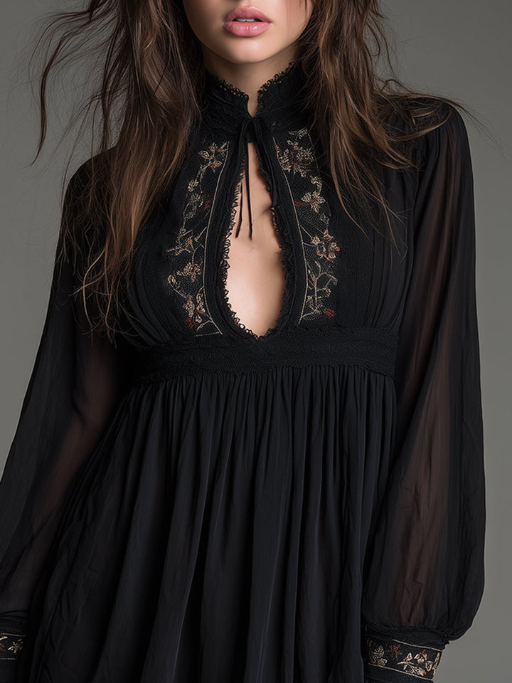 Trendy black babydoll mini dress with elegant balloon sleeves & a chic keyhole detail, ideal for party wear or date night.