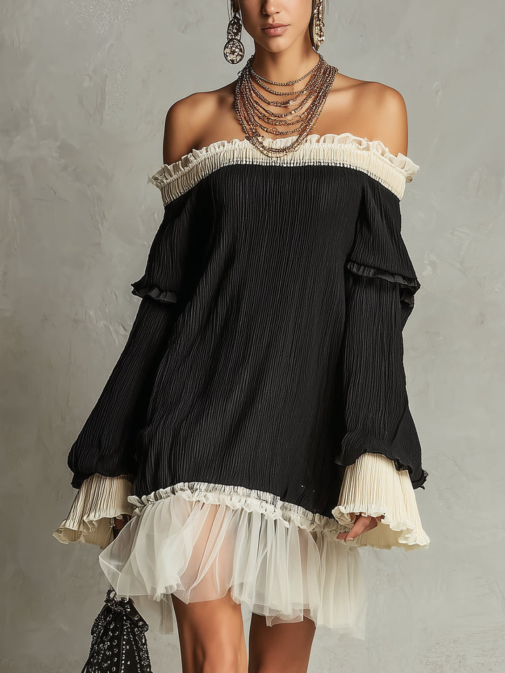 Elegant black off-shoulder mini dress for women with ruffle sleeves & delicate trim, perfect for parties & date nights.