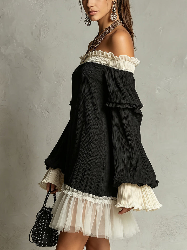 Flirty black off-shoulder mini dress, short style with chic ruffle sleeves & decorative trim. Ideal for evening wear.