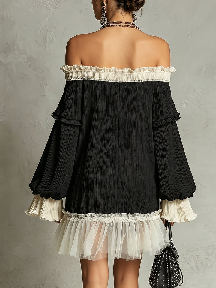 Women's black mini dress: elegant off-shoulder design, stylish ruffle sleeves & delicate trim for a sophisticated look.