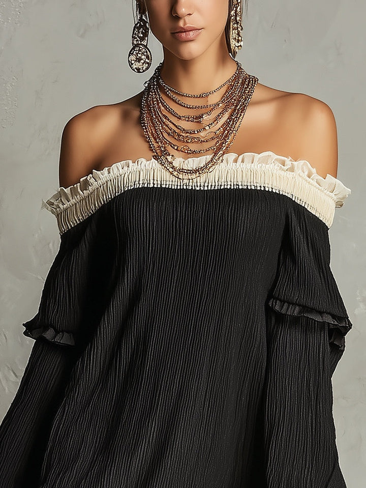 Chic women's black mini dress, off-shoulder, with romantic ruffle sleeves & delicate trim; perfect for evening dates.
