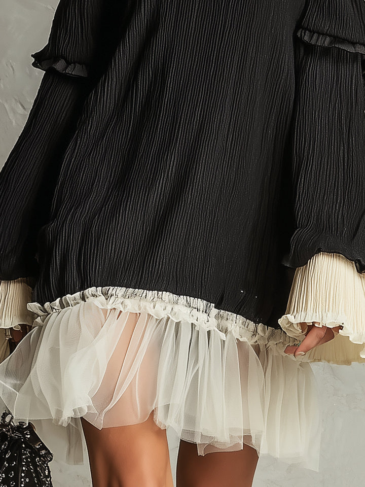 Short black off-shoulder dress for women, featuring elegant ruffle sleeves & subtle decorative trim. Great for evenings.