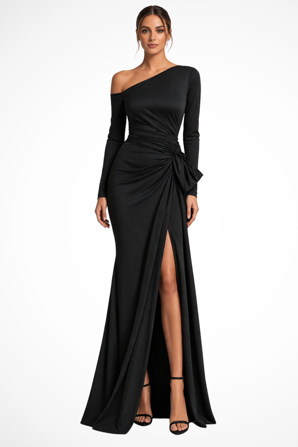 Elegant black one-shoulder maxi dress with long sleeve & thigh slit. Perfect for formal events & parties.