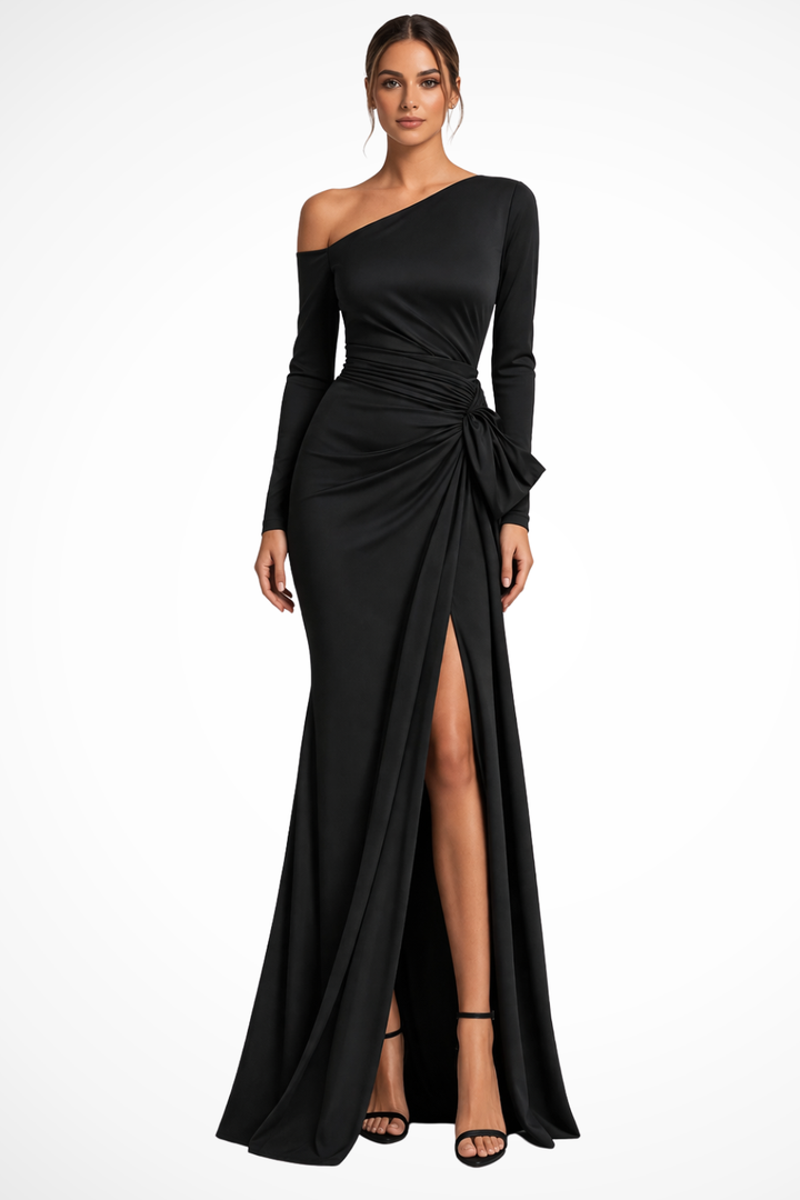 Elegant black one-shoulder maxi dress with long sleeve & thigh slit. Perfect for formal events & parties.