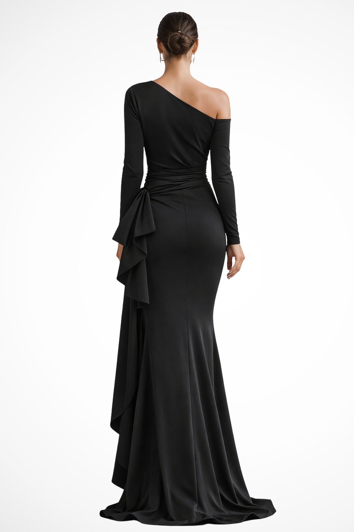 Women's formal one-shoulder maxi dress with a long sleeve & high slit, ideal for wedding guests & evening.