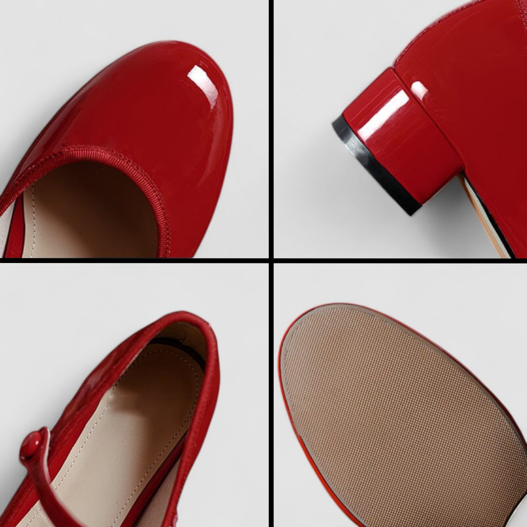 Women's elegant patent Mary Jane shoes featuring a round toe, comfortable strap, and block heel.