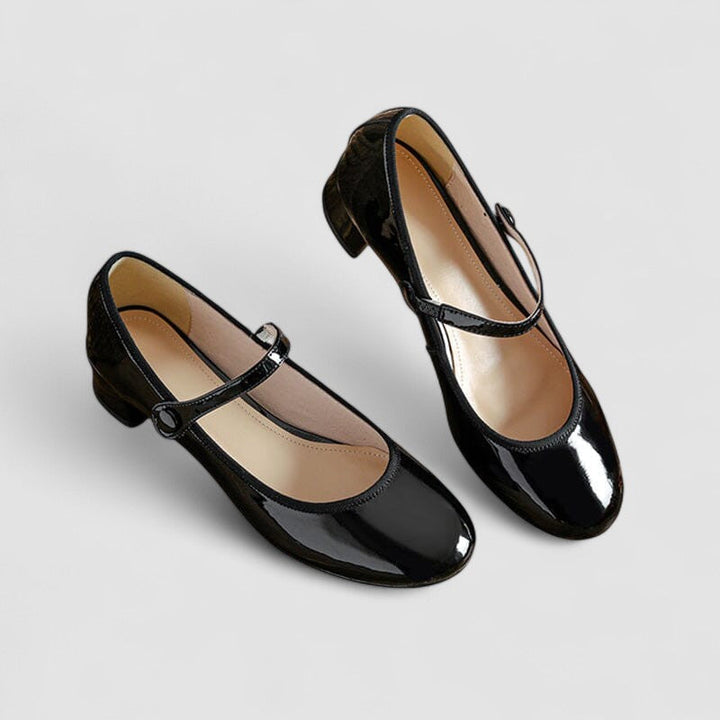 Fashionable & comfortable women's patent Mary Jane block heel shoes with a glossy finish.