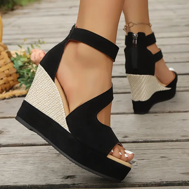 Stylish women's high heel platform wedge sandals. Ankle strap design offers secure fit & chic summer look.