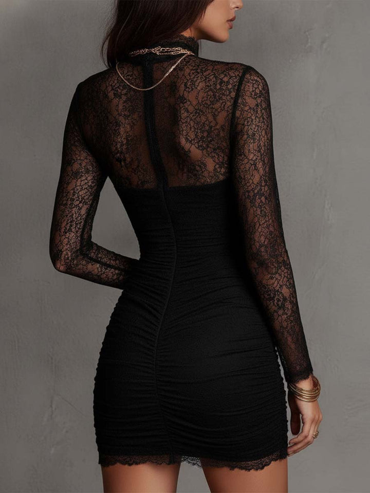 Sophisticated black ruched mini dress for women with delicate lace long sleeves & a bodycon silhouette. Great for special occasions.